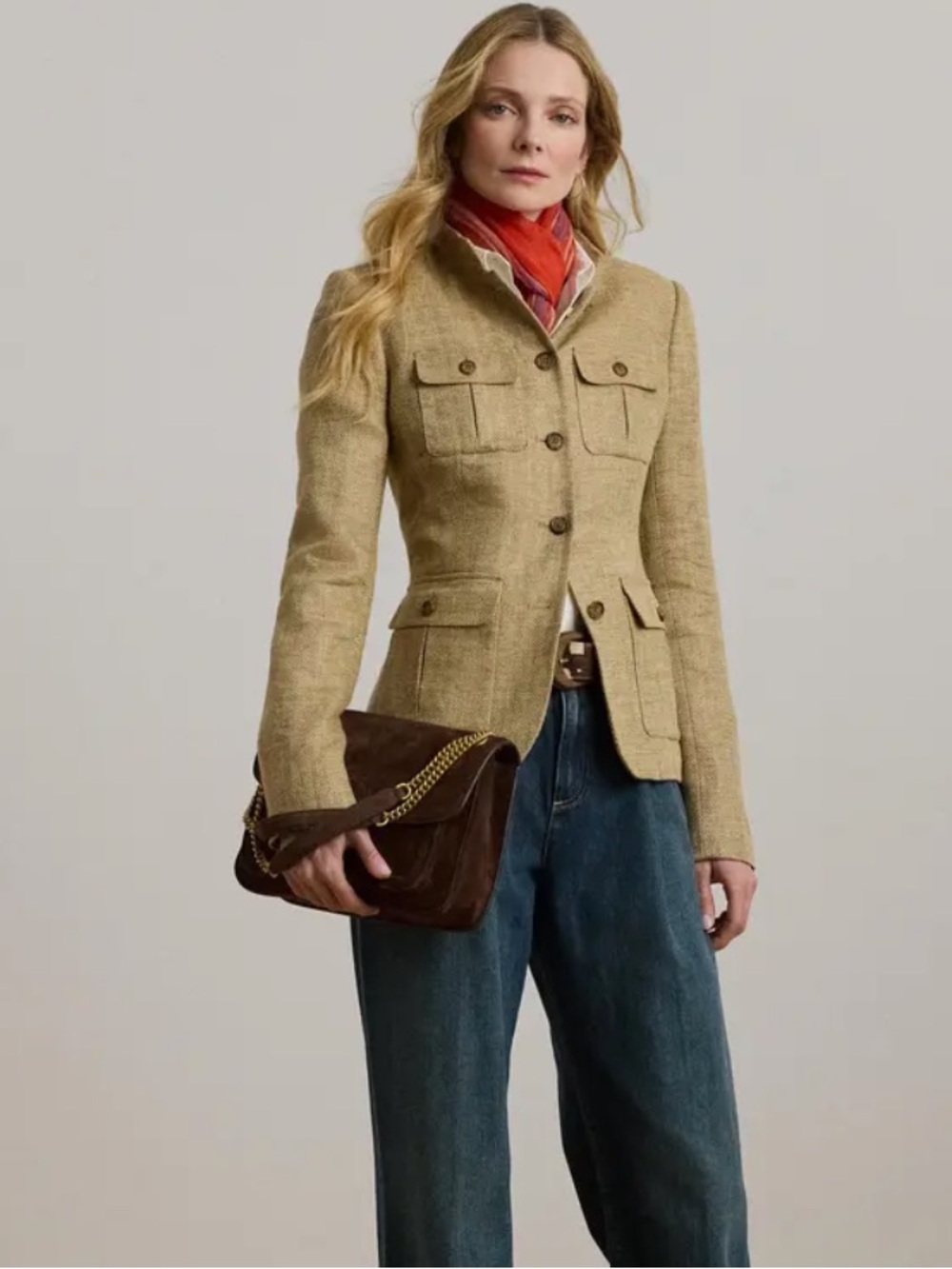 Ralph Lauren Tan Herringbone Military-Style Blazer US Sz. 8 - Picture 2 of 3